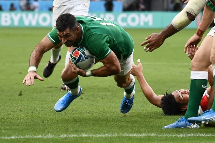 Ireland's Rob Kearney scores a first-half try against Japan on Saturday. | AFP-JIJI