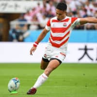 Japan\'s Yu Tamura kicks one of several penalties against Ireland on Saturday. | AFP-JIJI