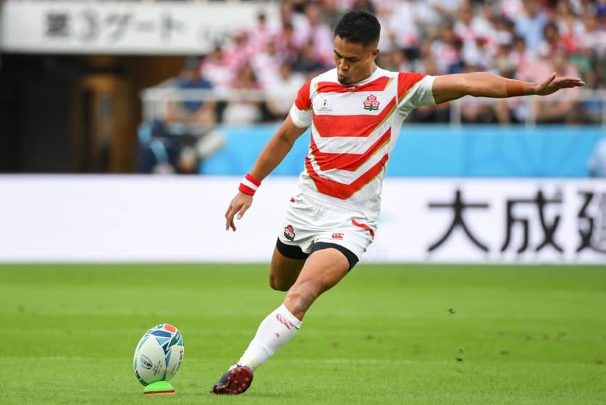 Japan's Yu Tamura kicks one of several penalties against Ireland on Saturday. | AFP-JIJI