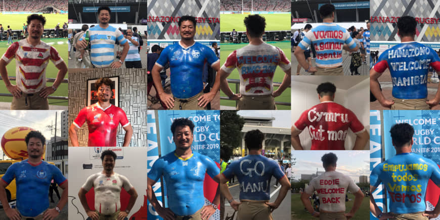 Rugby fan Hiroshi 'Bak-san' Moriyama is seen with replicas of various rugby jerseys painted on his torso. | COURTESY OF HIROSHI MORIYAMA