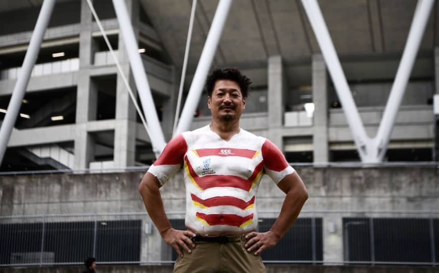 Hiroshi Moriyama poses Saturday outside Shizuoka Stadium Ecopa on the evening of the Japan vs Ireland Pool A game of the 2019 Rugby World Cup.