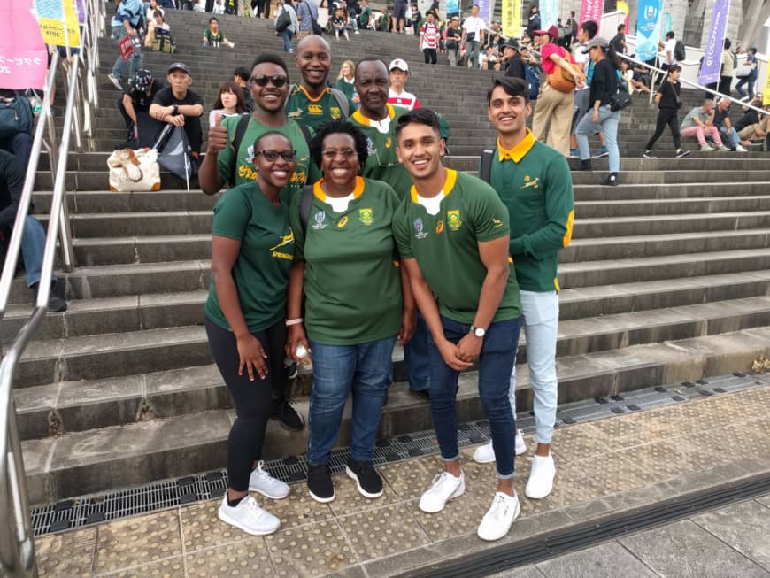 South African fans visiting from Pretoria soak up the atmosphere at International Stadium Yokohama before the Springboks' Rugby World Cup game against New Zealand on Saturday. | ANDREW MCKIRDY