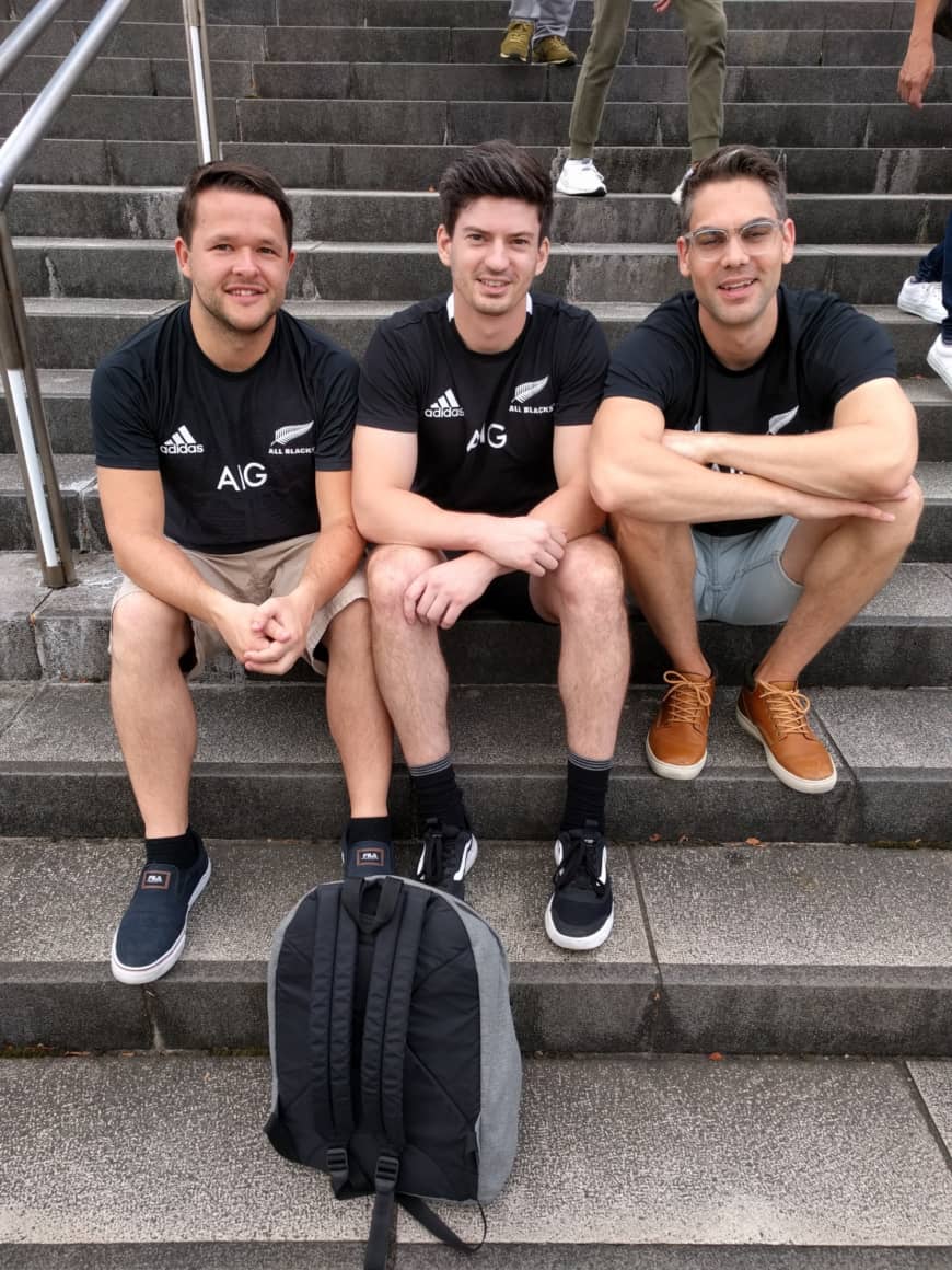 Dutch All Blacks fans (from left) Pascal Rijkers, Ben Wijnen and Johnny Nas show their colors ahead of Saturday's Rugby World Cup game against South Africa in Yokohama. | ANDREW MCKIRDY