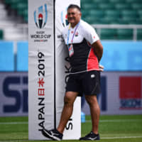 Japan coach Jamie Joseph looks on during a training session Thursday at Shizuoka Stadium Ecopa ahead of its Rugby World Cup Pool A match against Ireland on Saturday. | AFP-JIJI