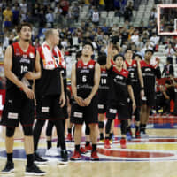 Japan\'s players line up after their FIBA World Cup Group E defeat to the United States on Sept. 5 at Shanghai Oriental Sports Center. The Akatsuki Five finished the tournament winless in five games. | REUTERS