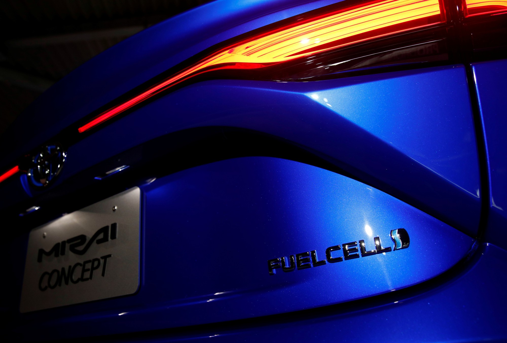 A fuel cell-powered Toyota Mirai is displayed at the Tokyo Motor Show on Thursday. | REUTERS