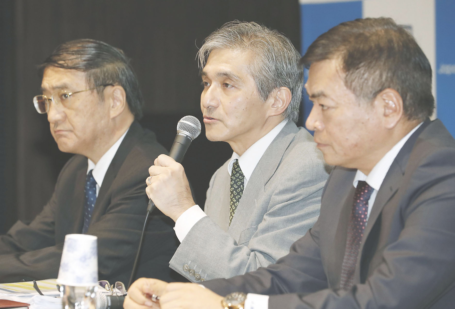 Minoru Kikuoka, then-chief financial officer and now CEO at Japan Display Inc., attends a news conference in Tokyo last month. | KYODO