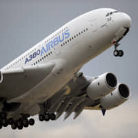 An Airbus A380 takes off for its demonstration flight at the Paris Air Show, in Le Bourget airport, north of Paris in 2015. The World Trade Organization says the United States can impose tariffs on up to &#36;7.5 billion worth of goods from the European Union as retaliation for illegal subsidies to European plane-maker Airbus &#8212; a record award from the trade body. | AP