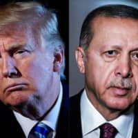 This photo combo created last year shows U.S. President Donald Trump (left) and Turkish President Recep Tayyip Erdogan. President Trump said Monday that he will \"obliterate\" Turkey\'s economy if Ankara does anything that in his \"great and unmatched wisdom\" he considers to be \"off limits\" in Syria. | AFP-JIJI