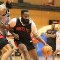 Houston Rockets guard James Harden practices in Tokyo on Monday.   | KAZ NAGATSUKA