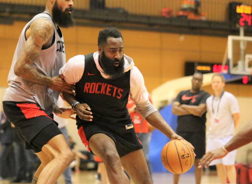 Houston Rockets guard James Harden practices in Tokyo on Monday.   | KAZ NAGATSUKA