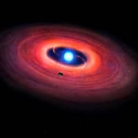 An artist\'s rendering shows a star called a white dwarf with a planet (upper right) and material in orbit around the star. | COURTESY OF MARK GARLICK / UCLA / HANDOUT / VIA REUTERS