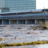 A view of Tama river, which reached flood risk levels Saturday night during the onslaught of Typhoon Hagibis.