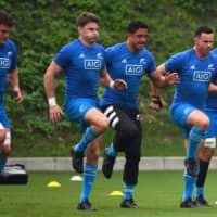 The All Blacks, seen training on Sept. 28 in Beppu, Oita Prefecture, face Namibia on Sunday at Tokyo Stadium in a Rugby World Cup match. | AFP-JIJI
