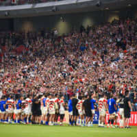 The Brave Blossoms greet supporters at City of Toyota Stadium following their Pool A win over Samoa on Saturday night. | DAN ORLOWITZ