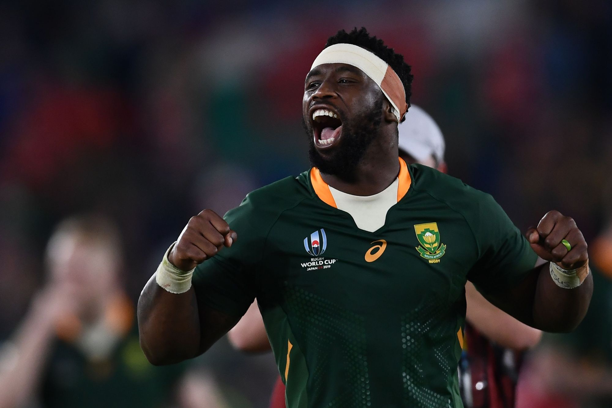 South Africa captain Siya Kolisi celebrates after the Springboks' win over Wales in the Rugby World Cup semifinals on Sunday in Yokohama. | AFP-JIJI
