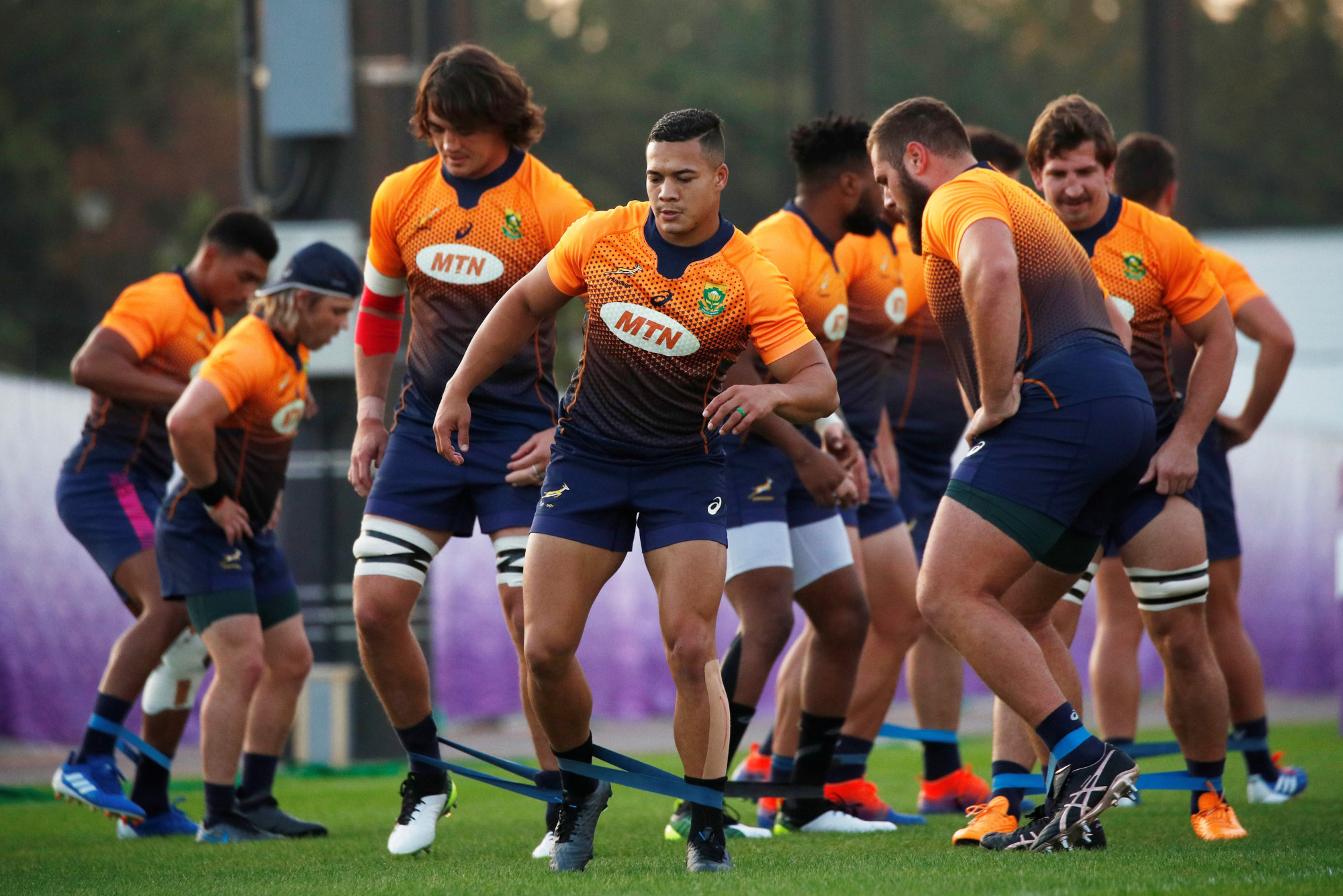 South African players train in Urayasu, Chiba Prefecture, on Wednesday. | REUTERS