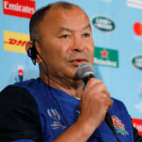 England head coach Eddie Jones speaks at a news conference in Tokyo on Thursday to announce his team for the Rugby World Cup final against South Africa on Saturday night in Yokohama. | AFP-JIJI