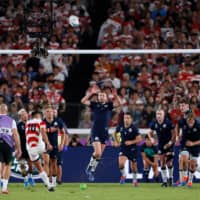 The Brave Blossoms\' Yu Tamura makes a conversion against Scotland on Sunday in the first half. | AFP-JIJI