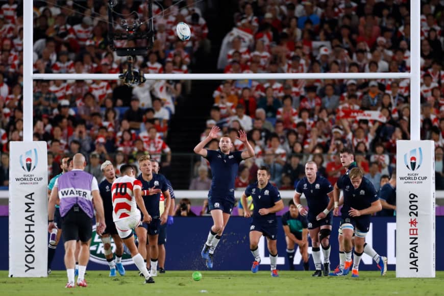 The Brave Blossoms' Yu Tamura makes a conversion against Scotland on Sunday in the first half. | AFP-JIJI