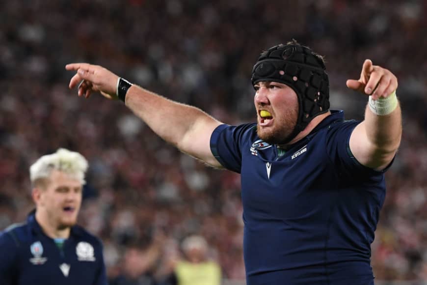 Scotland's Zander Fagerson celebrates after scoring a try in the second half on Sunday. | AFP-JIJI