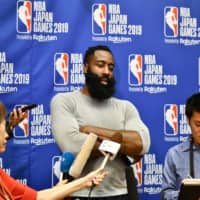 Houston Rockets guard James Harden speaks to local media after the team\'s practice session in Tokyo on Wednesday. | AFP-JIJI