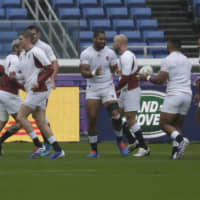 England players train at International Stadium Yokohama on Friday, ahead of Saturday\'s Rugby World Cup semifinal against New Zealand. | AP