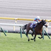 Almond Eye (right) pulls away to win the Tenno-sho on Sunday at Tokyo Racecourse. | KYODO