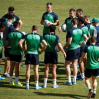 Ireland players are seen during the team\'s captain\'s run on Friday at Fukuoka Hakatanomori Stadium. | REUTERS