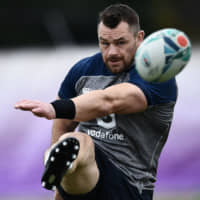 Ireland prop Cian Healy kicks the ball during a training session in Urayasu, Chiba Prefecture, on Thursday. | AFP-JIJI