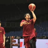 Kawasaki point guard Ryusei Shinoyama shoots a floater during practice at Yokohama Arena on Wednesday. | KAZ NAGATSUKA