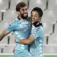 Charleroi\'s Ryota Morioka (right) celebrates after scoring his sixth goal of the season on Sunday against Cercle Brugge in Brugge, Belgium. | KYODO