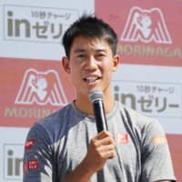 Kei Nishikori answers questions from fans during the Rakuten Japan Open earlier this month at Ariake Tennis Park. | KYODO