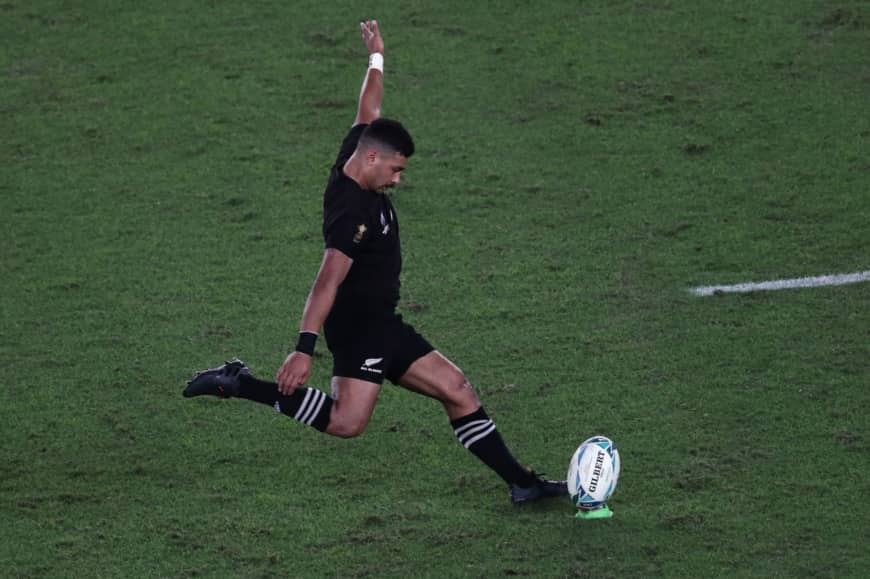 New Zealand's Richie Mo'unga kicks the ball during Saturday's match. | AFP-JIJI
