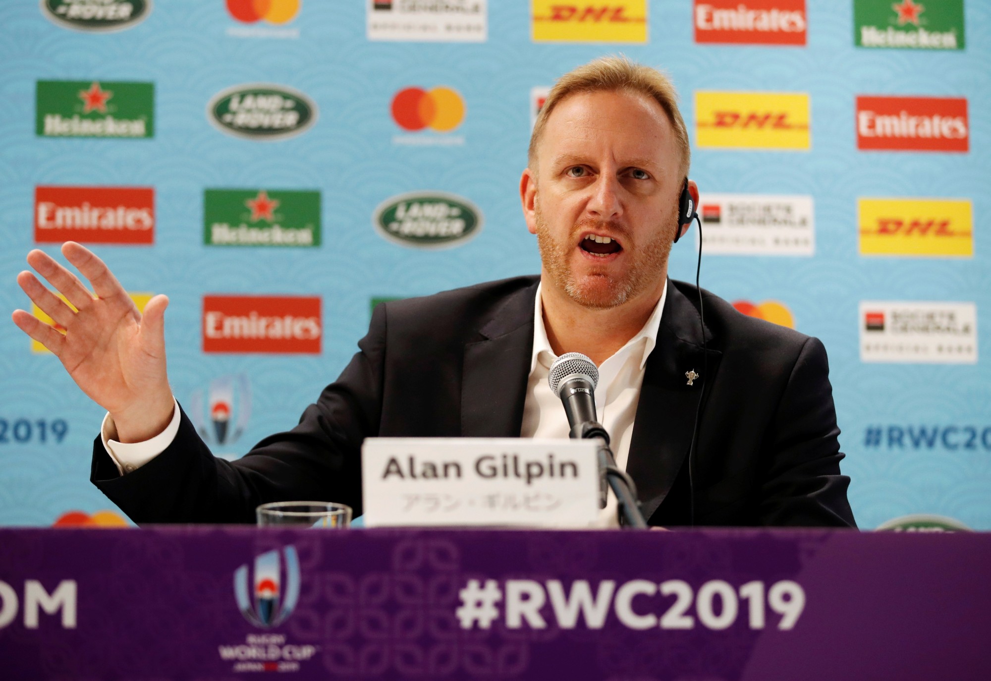 World Rugby Chief Operating Officer and Tournament Director Alan Gilpin, speaking a news conference in Tokyo on Thursday, announces that two games set for Saturday will be canceled due to an approaching typhoon. | REUTERS