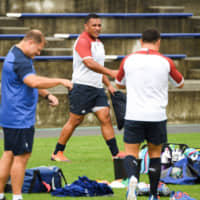 England\'s Mako Vunipola takes part in a training session on Tuesday in Tokyo. | AFP-JIJI