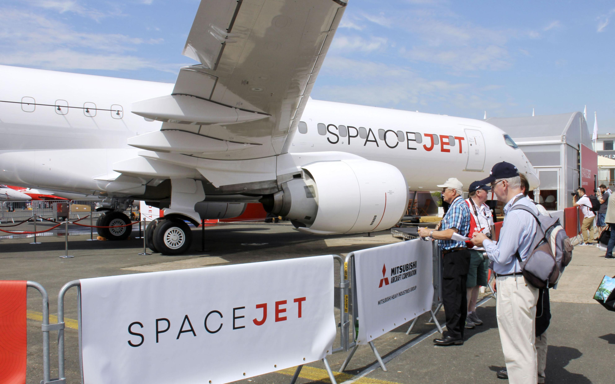 Mitsubishi Aircraft Corp.'s SpaceJet is displayed at the International Paris Air Show in Le Bourget, near Paris, on June 18. | KYODO