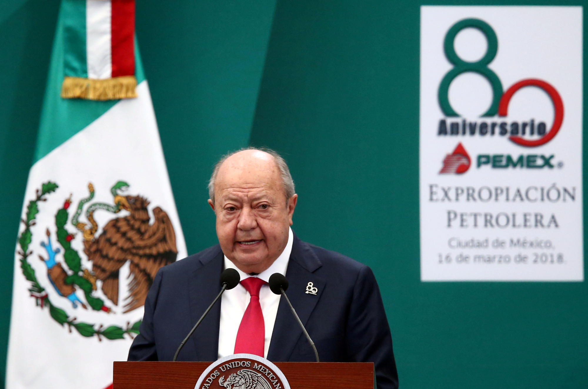 Carlos Romero Deschamps, leader of the oil workers union of Petroleos Mexicanos (Pemex), delivers a speech during the 80th anniversary of the expropriation of Mexico's oil industry in Mexico City last year. | REUTERS