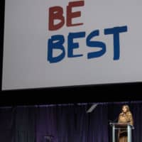 U.S. first lady Melania Trump addresses the B\'More Youth Summit in BaltimoreTuesday. The purpose of the summit is to promote healthy choices and educate students about the dangers of opioid use. | AFP-JIJI