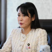 Justice Minister Masako Mori speaks during a group interview Thursday. | POOL