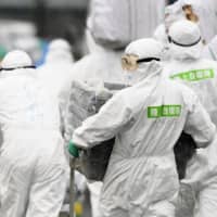 Ground Self-Defense Force personnel in protective gear deal with an outbreak of swine fever at a pig farm in Toyota, Aichi Prefecture, in February. | KYODO
