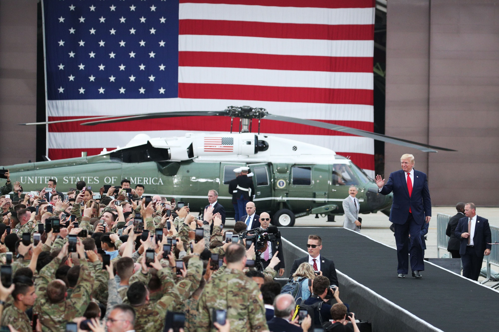 U.S. President Donald Trump arrives to address U.S. military personnel at Osan Air Base in Pyeongtaek, South Korea, on June 30. | BLOOMBERG