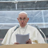 Pope Francis strongly criticized the concept of nuclear deterrence in a speech at the Atomic Bomb Hypocenter Park in Nagasaki on Sunday. | VIA REUTERS
