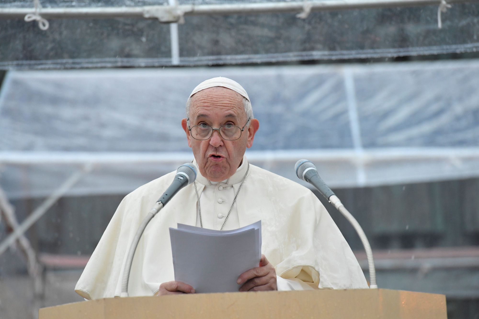 Pope Francis strongly criticized the concept of nuclear deterrence in a speech at the Atomic Bomb Hypocenter Park in Nagasaki on Sunday. | VIA REUTERS