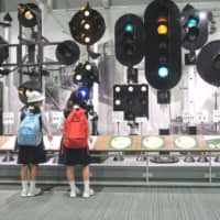 Children learn about train signals train signals at a display in the Kyoto Railway Museum. | JASON JENKINS