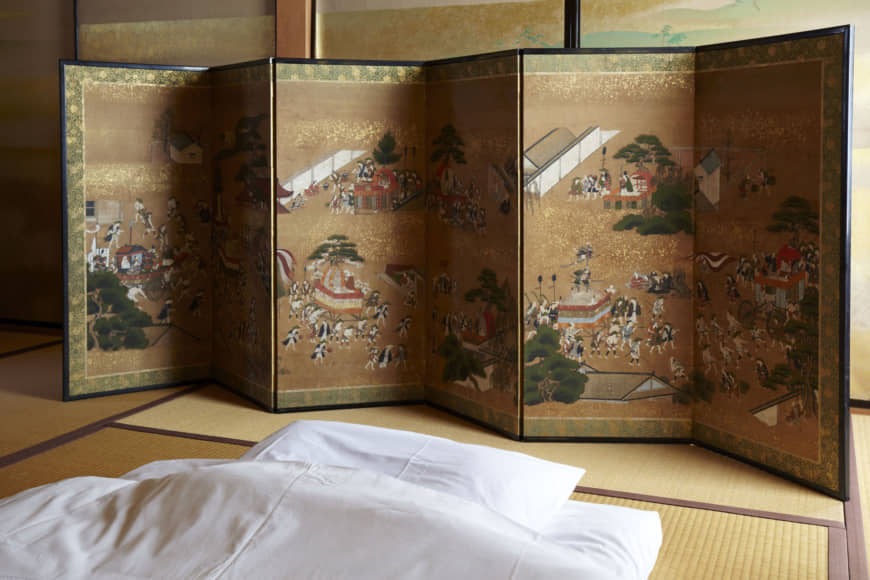 Goodnight, sleep tight: Low screens known as makura (pillow) byōbu were placed near the head of a futon to block drafts or provide privacy. The colorful painting on this Edo Period (1603-1868) one promises to inspire pleasant dreams of festival scenes.