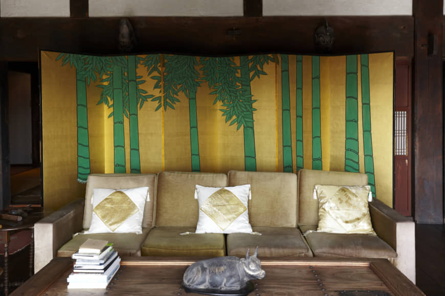 Golden glow: The vibrant green bamboo against a gold-leaf background on this six-panel screen from the Taisho Era (1912-26) transforms the dark interior of an old Japanese house into a bright, even sylvan space. The use of bamboo as a sole motif is rare in byōbu paintings.