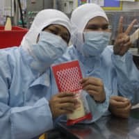 Kewpie Malaysia Sdn. Bhd. production line workers pose with the company\'s Mayonnaise Japanese Style at a factory in Melaka state, Malaysia. The halal mayonnaise is made from fresh egg yolks, vegetable oil and vinegar and is one of Kewpie\'s most popular products. | KEWPIE MALAYSIA