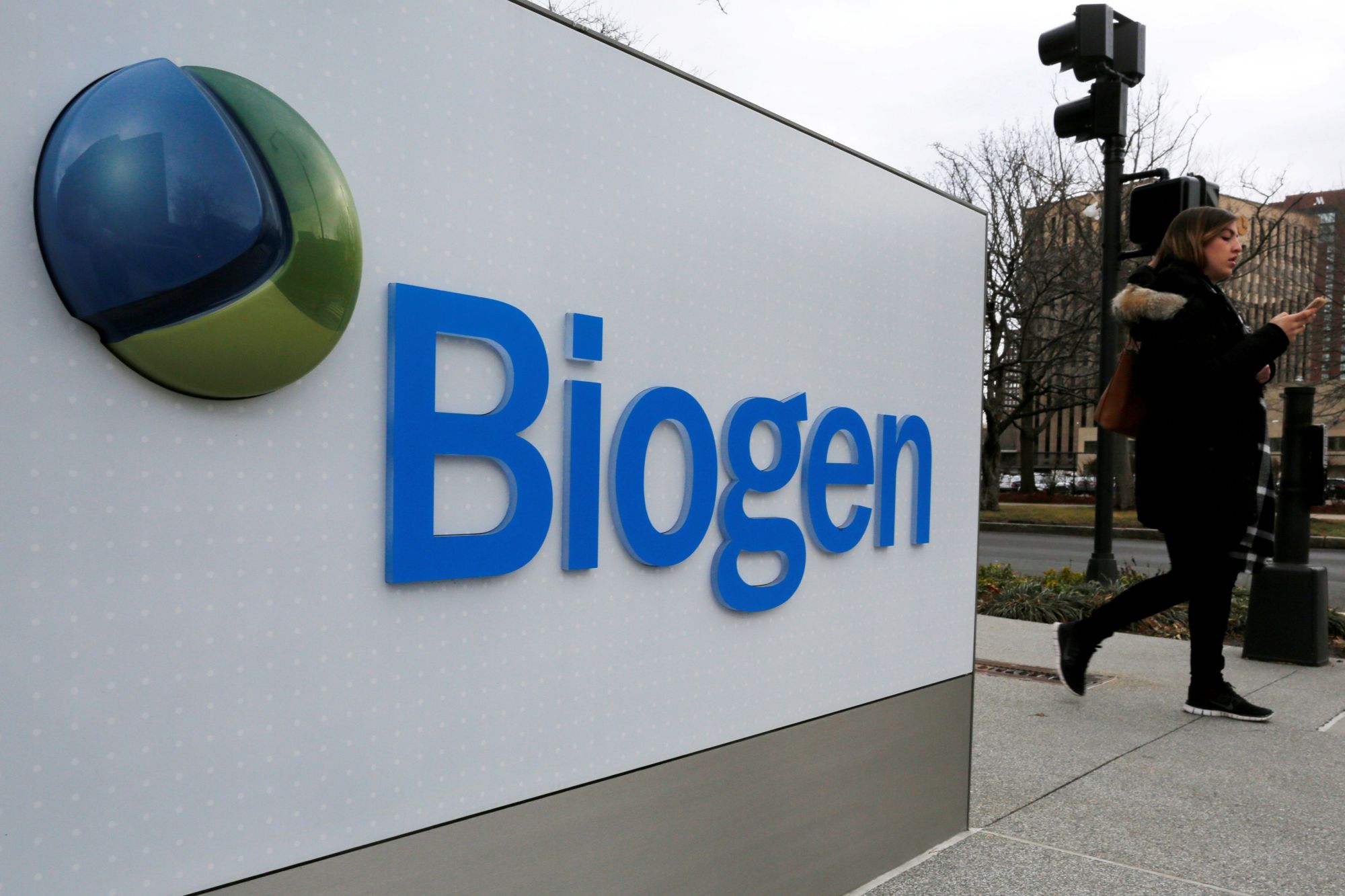 A sign marks a Biogen facility in Cambridge, Massachusetts, in 2017. | REUTERS