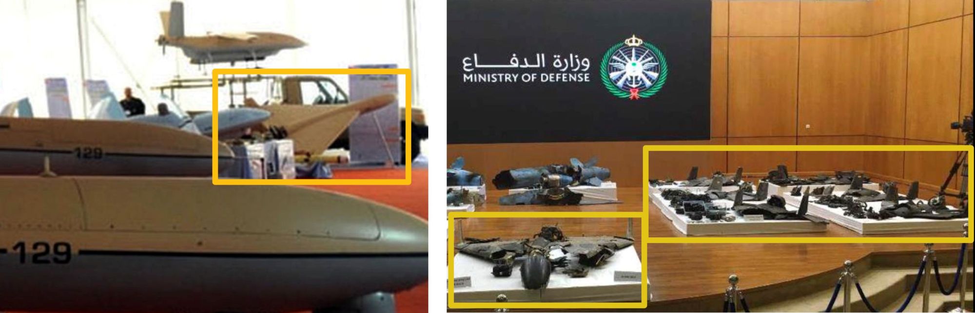 Unmanned aerial vehicle (UAV) airframe wreckage from the Sept. 14 attack on an Aramco oil facility in Saudi Arabia on display (right) is believed by U.S. government authorities to resemble a delta wing UAV displayed alongside several other Iranian UAVs during an Iranian Revolutionary Guard Corps exhibition (left). | U.S. GOVERNMENT / HANDOUT / VIA REUTERS